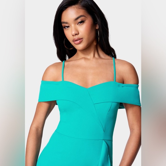 NWT Bebe Women's Cascade Ruffle Flounce AQUA Dress Size 12 - Picture 2 of 10